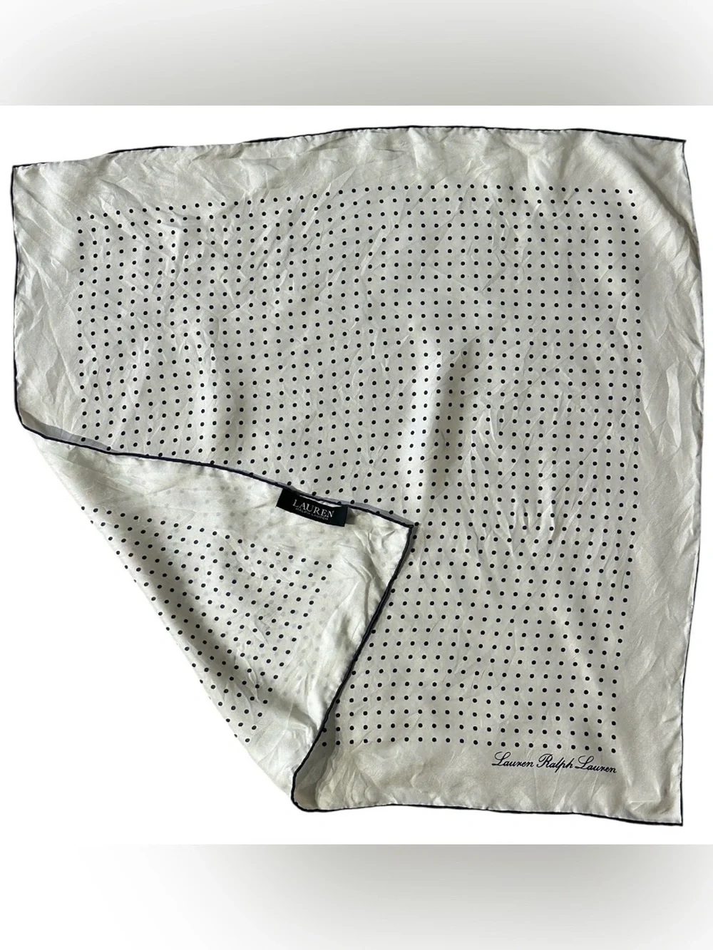 Ralph Lauren Cream and Navy Polka Dot Square Scarf  22” x 22”